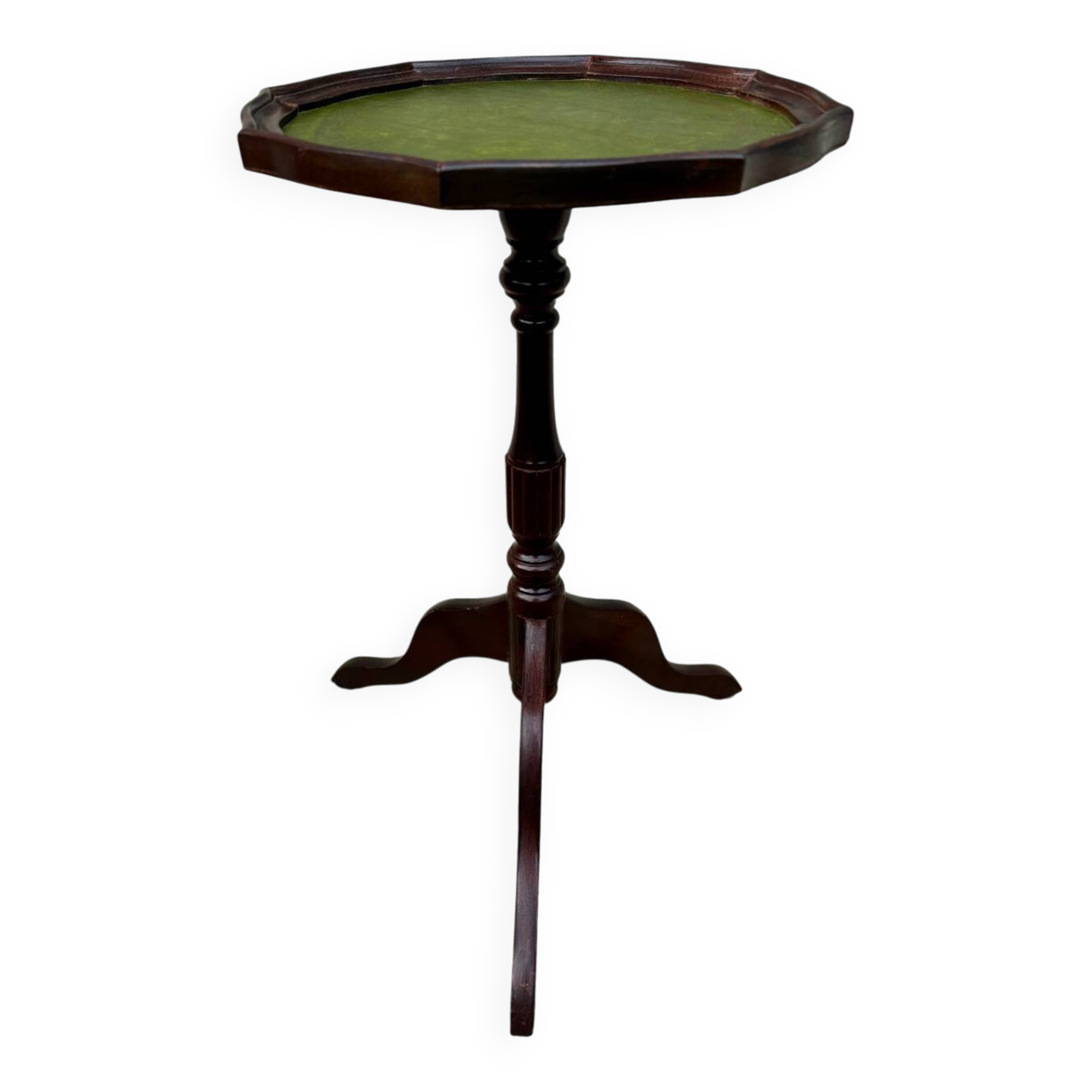 Small antique wooden and leather pedestal table, vintage wine side table