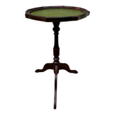 Petit guéridon ancien en bois et cuir, table d’appoint à vin vintage