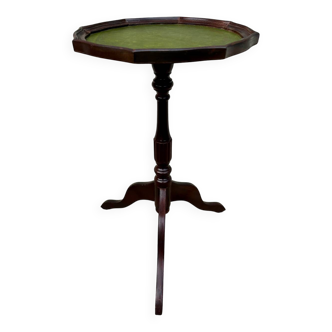 Small antique wooden and leather pedestal table, vintage wine side table