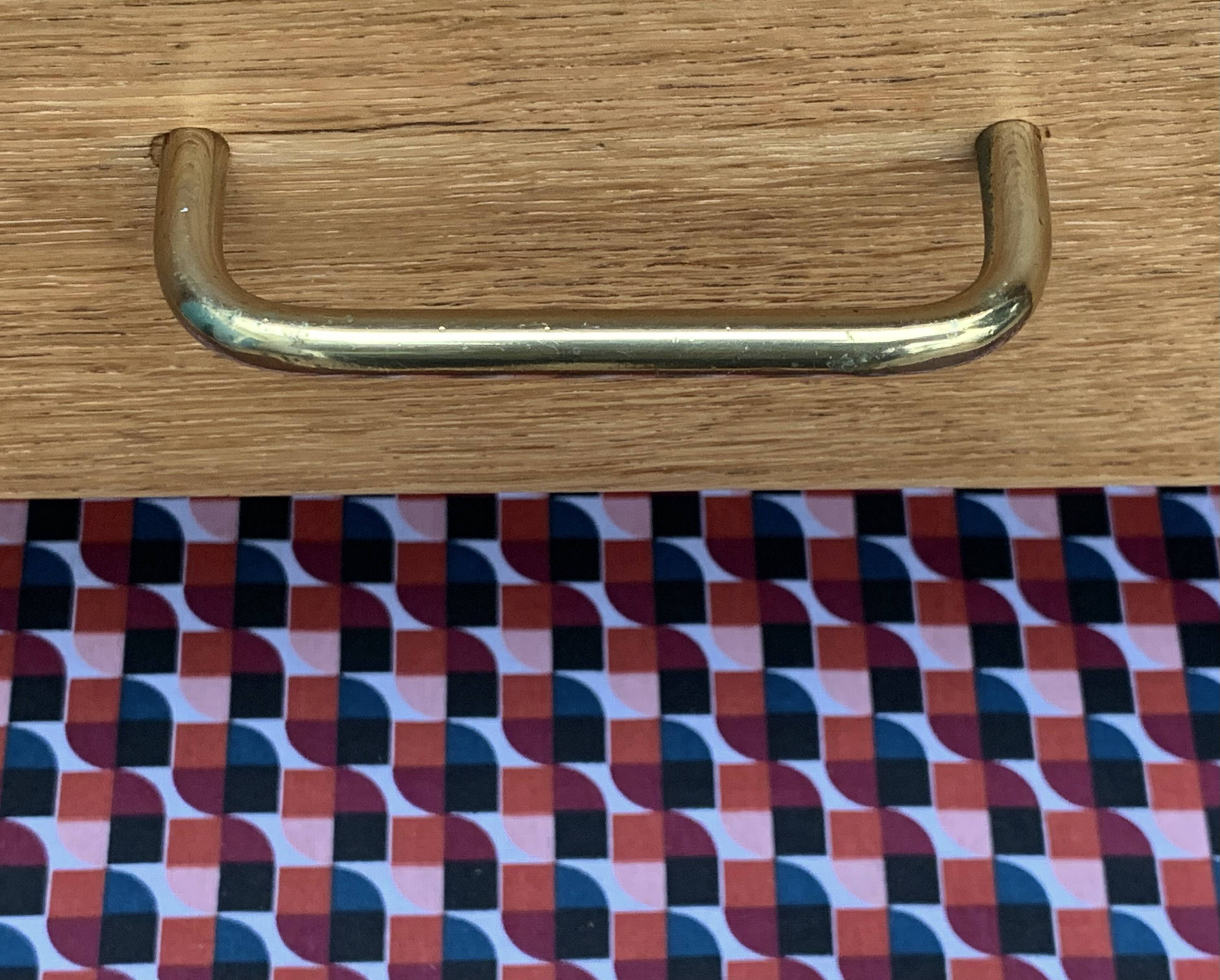 Vintage chest of drawers with compass feet, raw oak, 1960