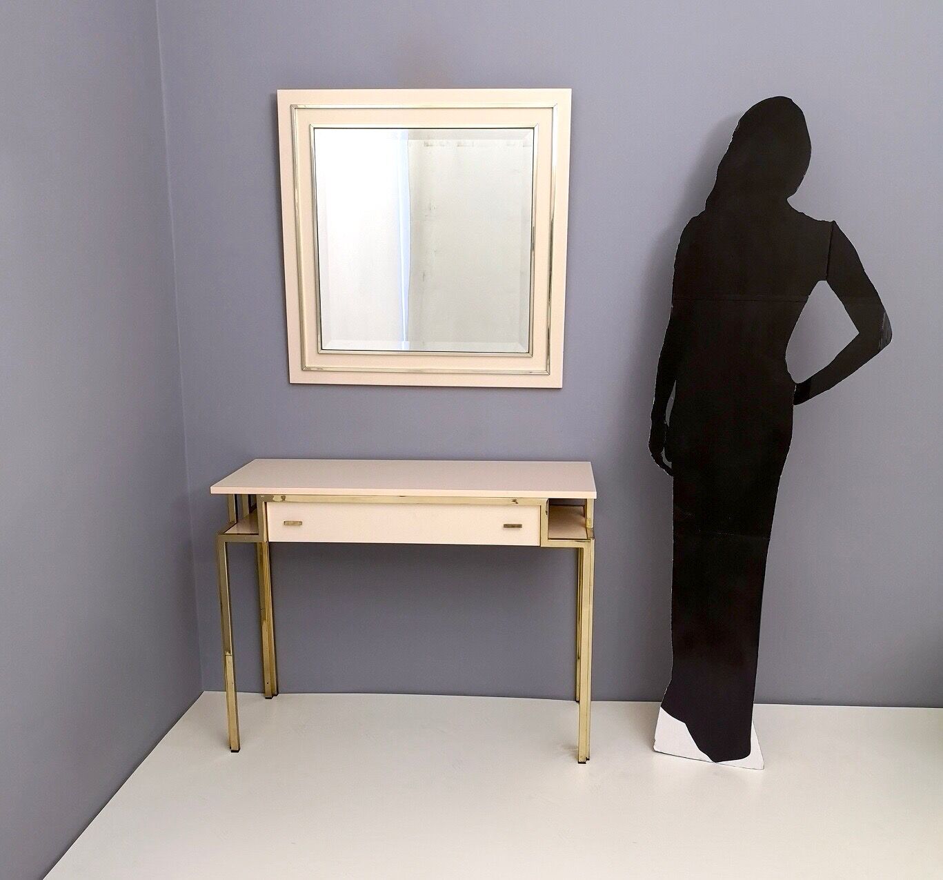 Postmodern pale pink formica and brass console with wall mirror, italy
