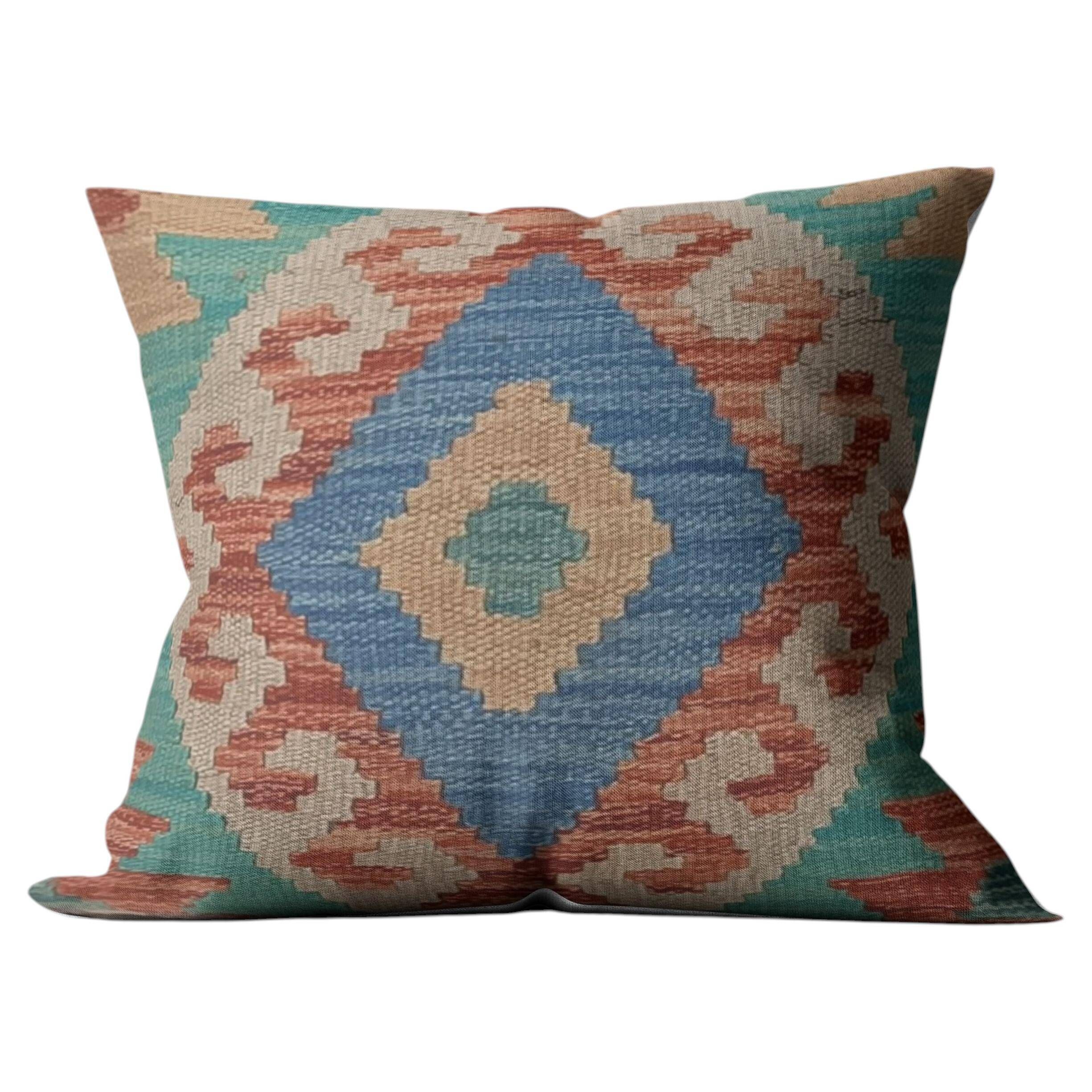 Turquoise Blue Geometric Cushion Cover, Vintage Wool Kilim Pillow Home Decor