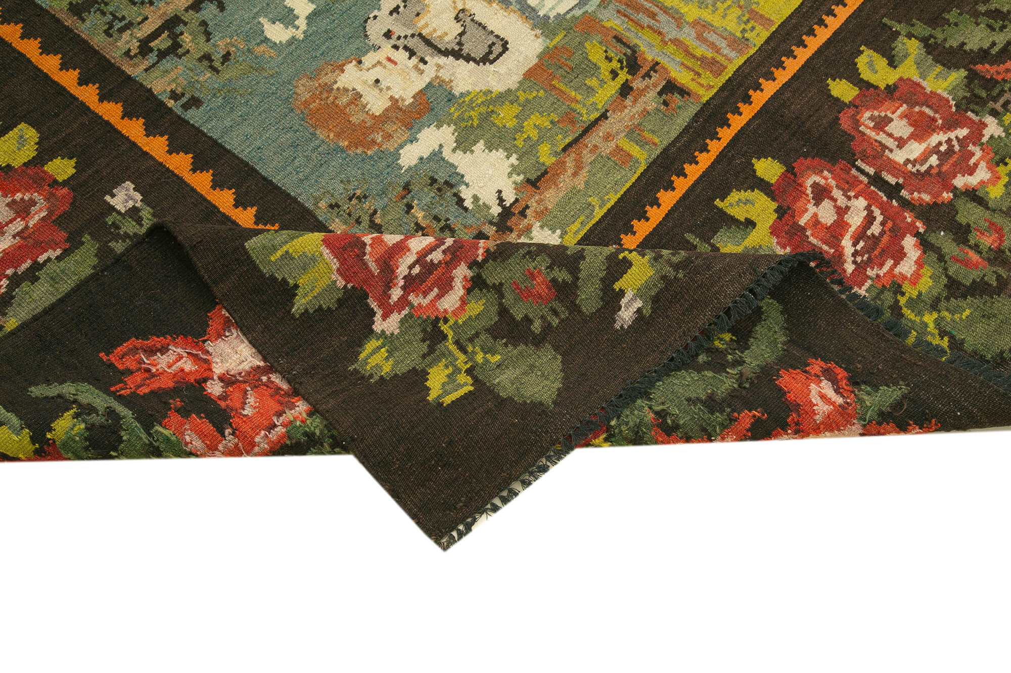 Hand-knotted vintage rose black kilim 192 cm x 240 cm - 23428