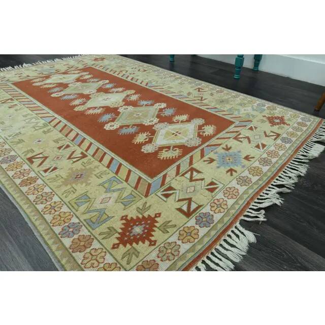 1970s Vintage Turkish Oushak Handmade  Red Yellow Area Rug 152x223