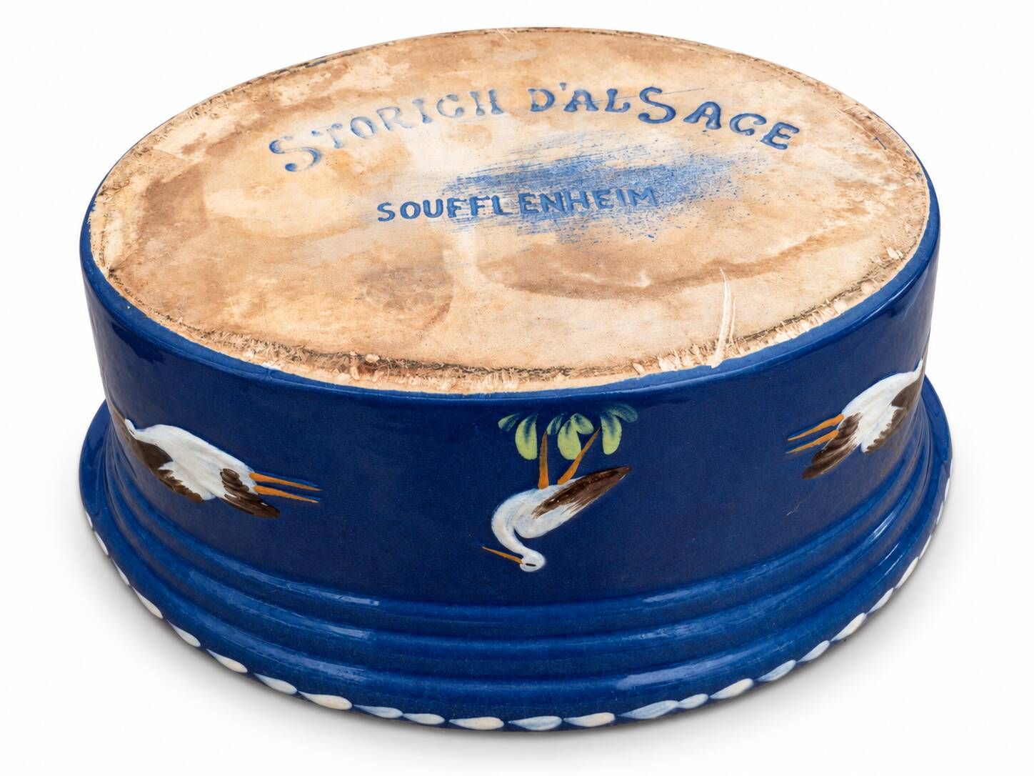 Large Alsatian terrine from Soufflenheim in blue with stork decoration – 41 cm