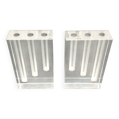 Duo Vase Bloc Résine Lucite Triple Cheminée Plexiglas Design Postmoderne