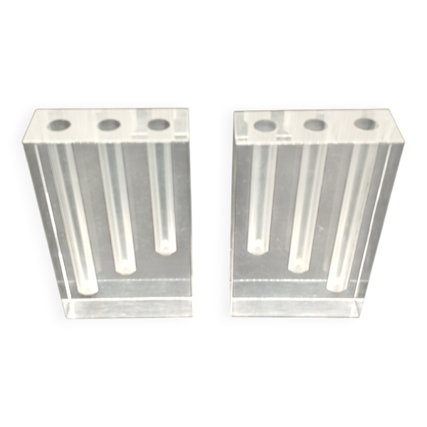 Duo Vase Bloc Résine Lucite Triple Cheminée Plexiglas Design Postmoderne