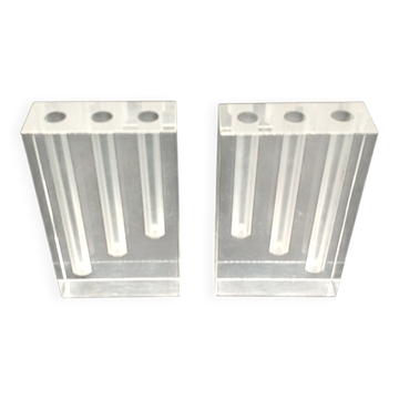 Duo Vase Bloc Résine Lucite Triple Cheminée Plexiglas Design Postmoderne