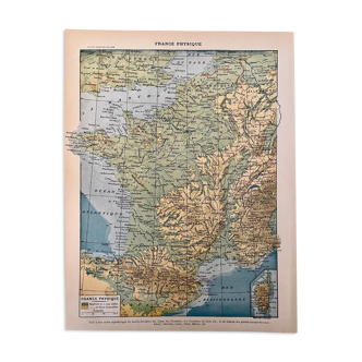 Old geological and physical map of France from 1897