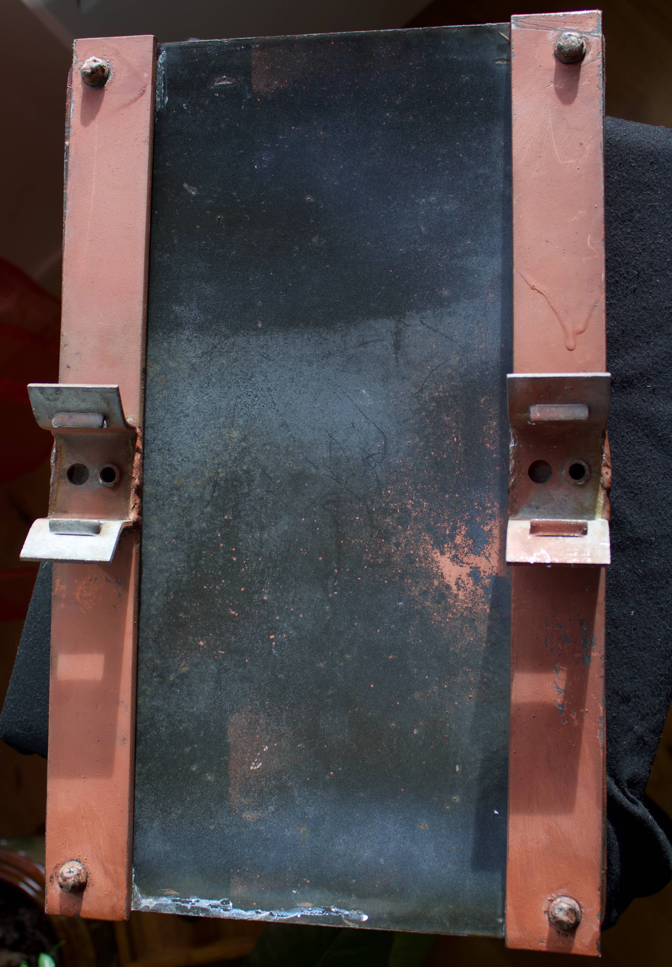 Old Enamelled and bulging "Chemin de la Rente" street plate, in perfect condition, on its cast iron support