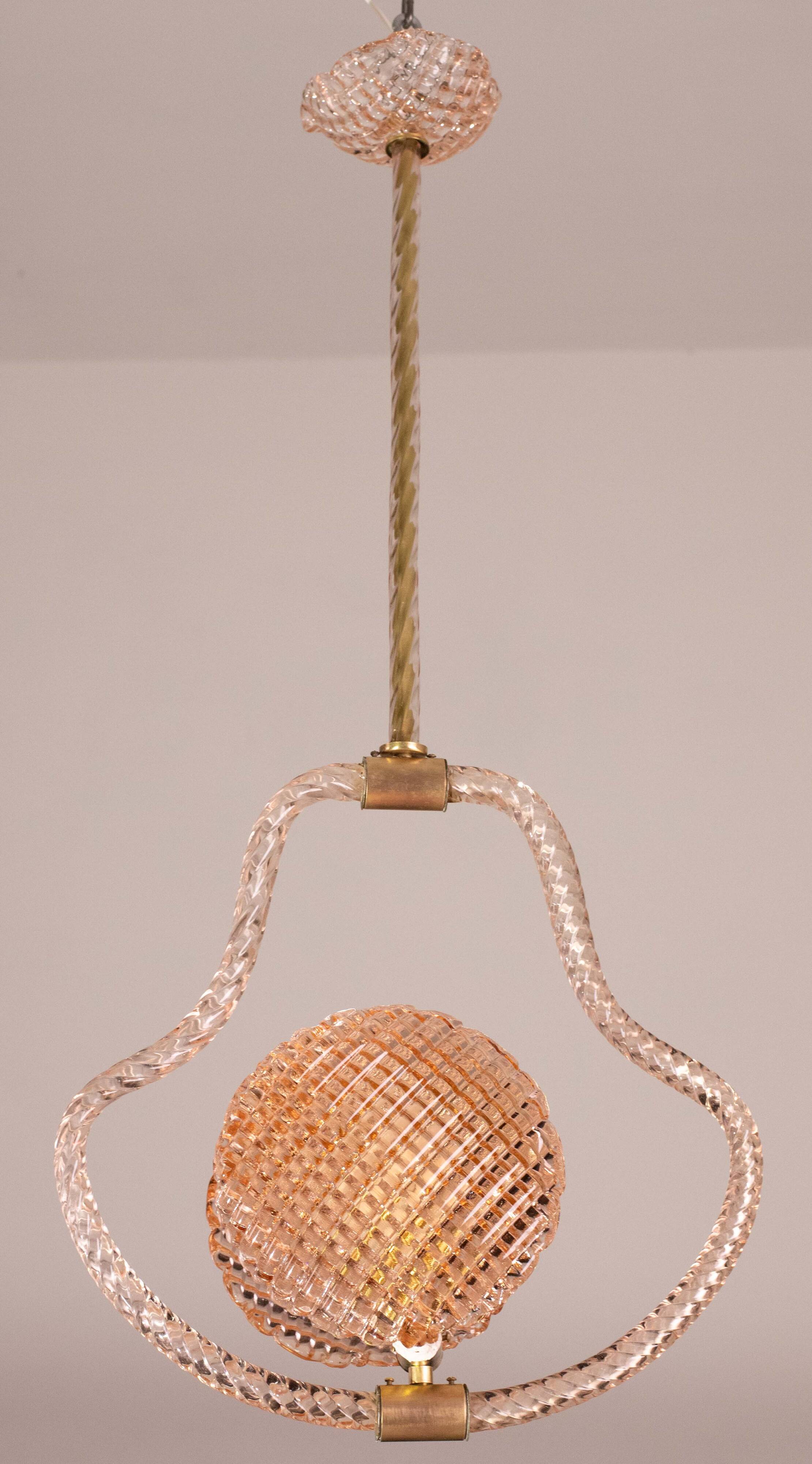 Lustre en verre de Murano rose coquillage du milieu du siècle par Barovier e Toso, années 1950
