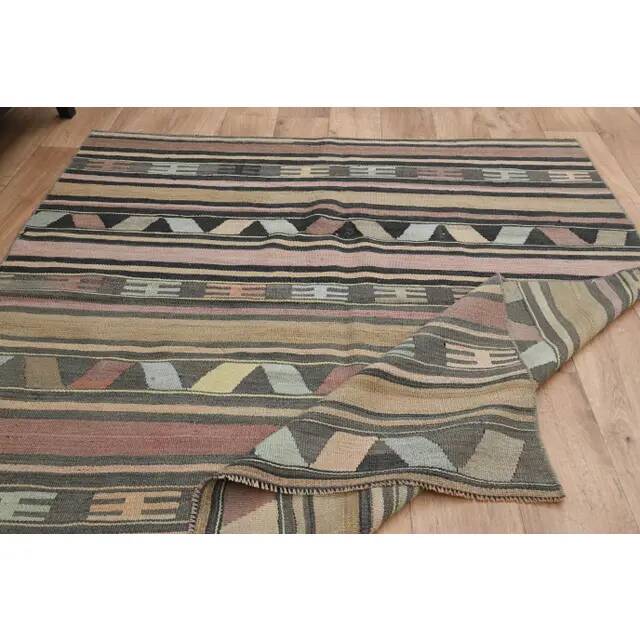 1970s Vintage Turkish Oushak Handmade Wool Cotton Brown Kilim Rug 148x174