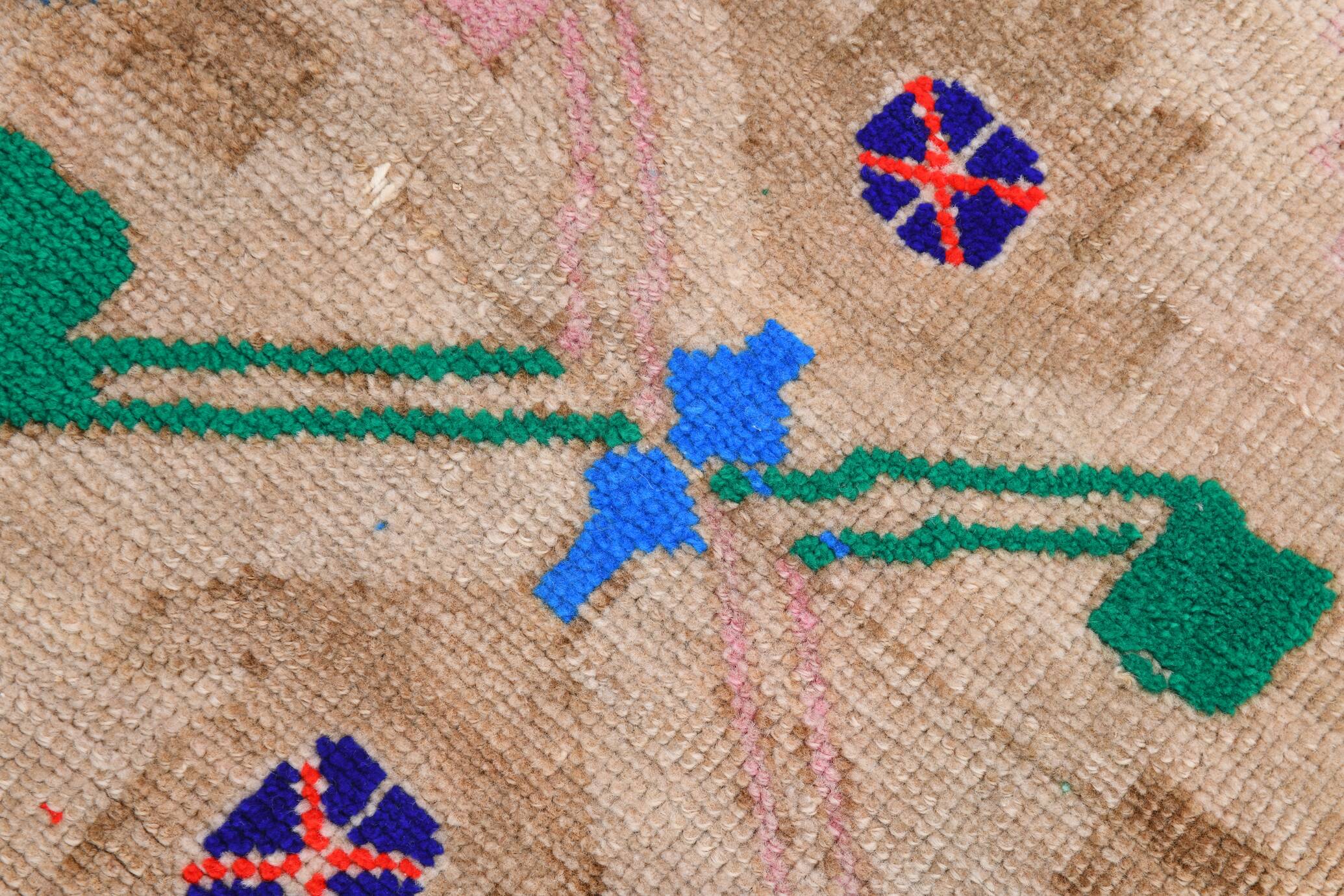 Tapis Couloir Vintage Turc, Marron, Rouge & Bleu Motifs Tribaux Géométrique