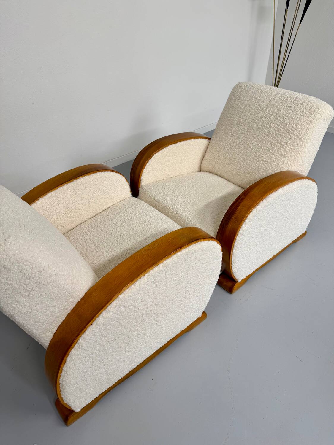 2 antique Art Deco club chairs from the 1930s, bentwood frame, bouclé fabric