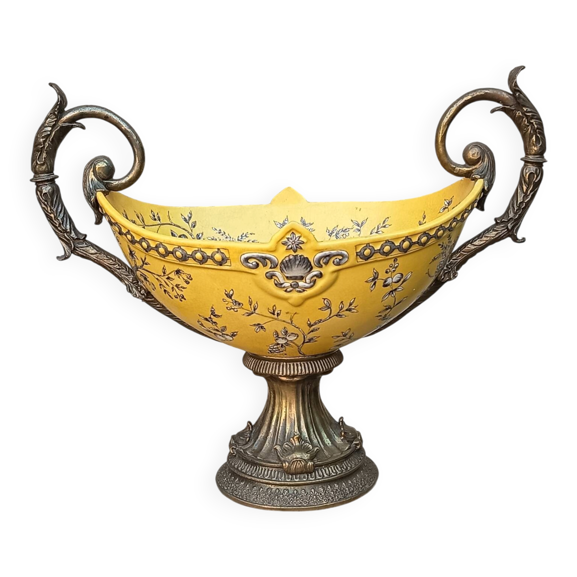 Grand centre de table - 46 cm - faïence jaune émaux polychromes - XXe