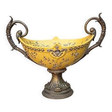Large centrepiece - 46 cm - yellow earthenware with polychrome enamels - 20th century