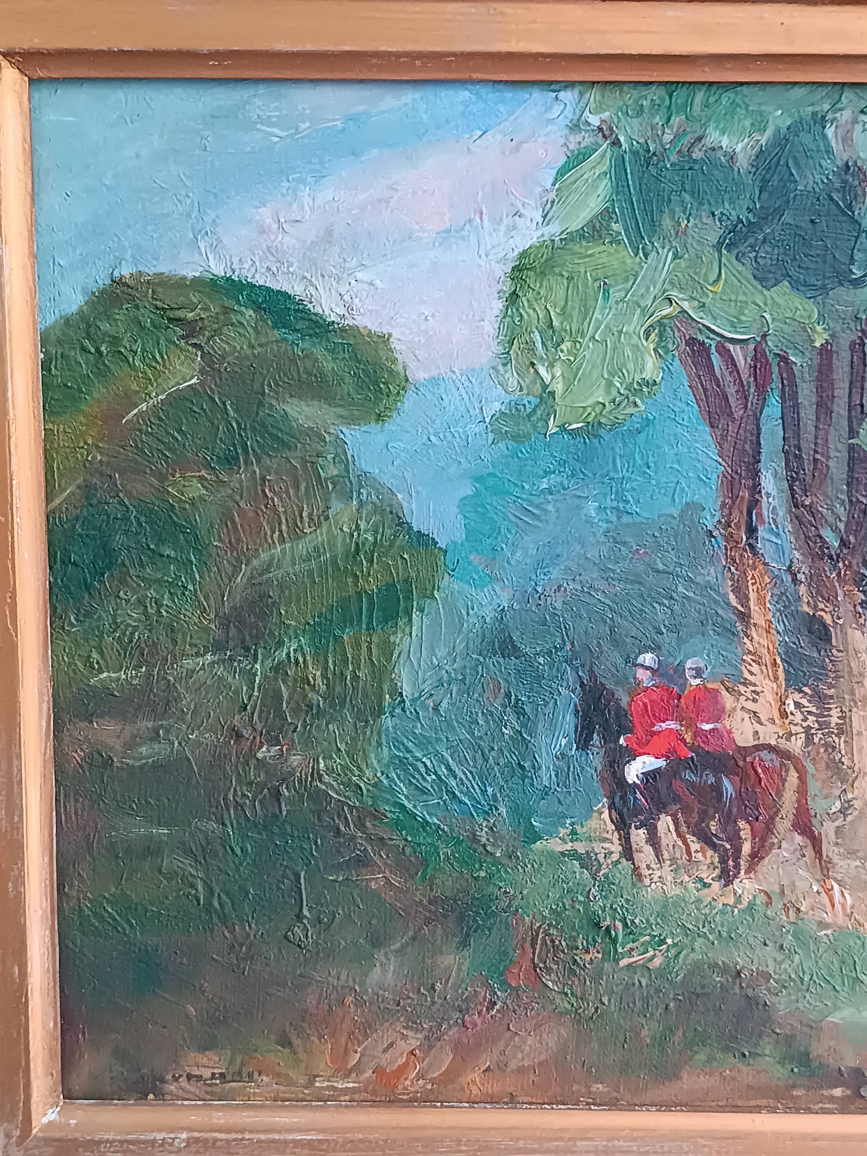 Oil painting, horseback riding in the forest