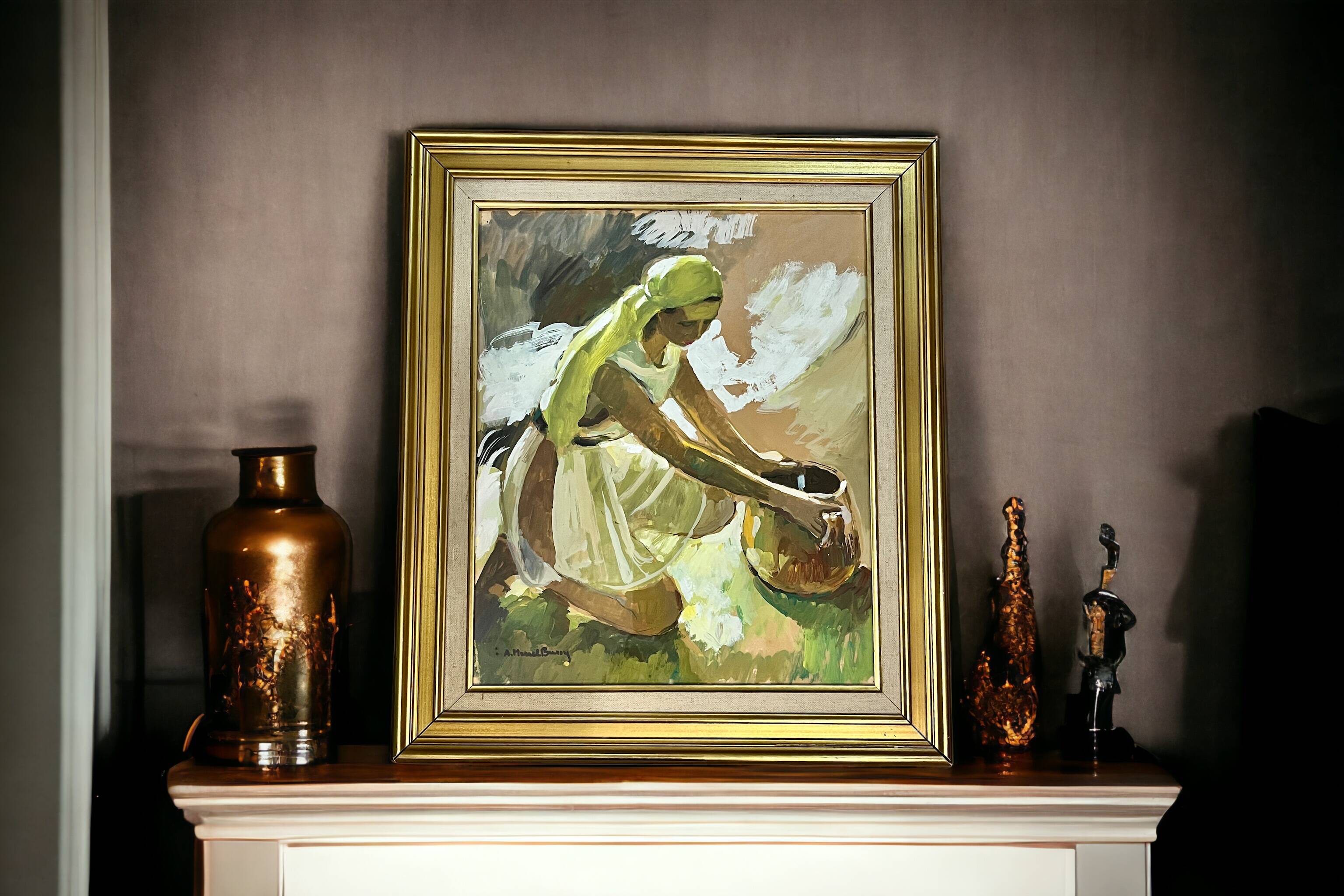 MERIEL-BUSSY, gouache Jeune fille au pot de terre signée XXème