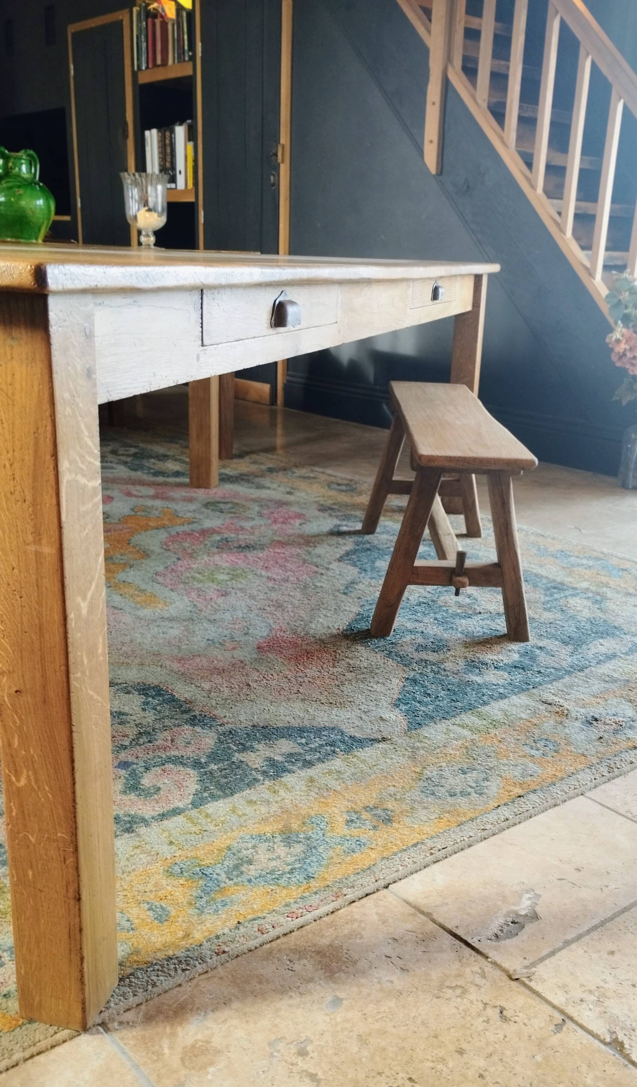 "A frame" bench in solid oak, patinated.