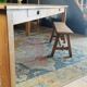 "A frame" bench in solid oak, patinated.