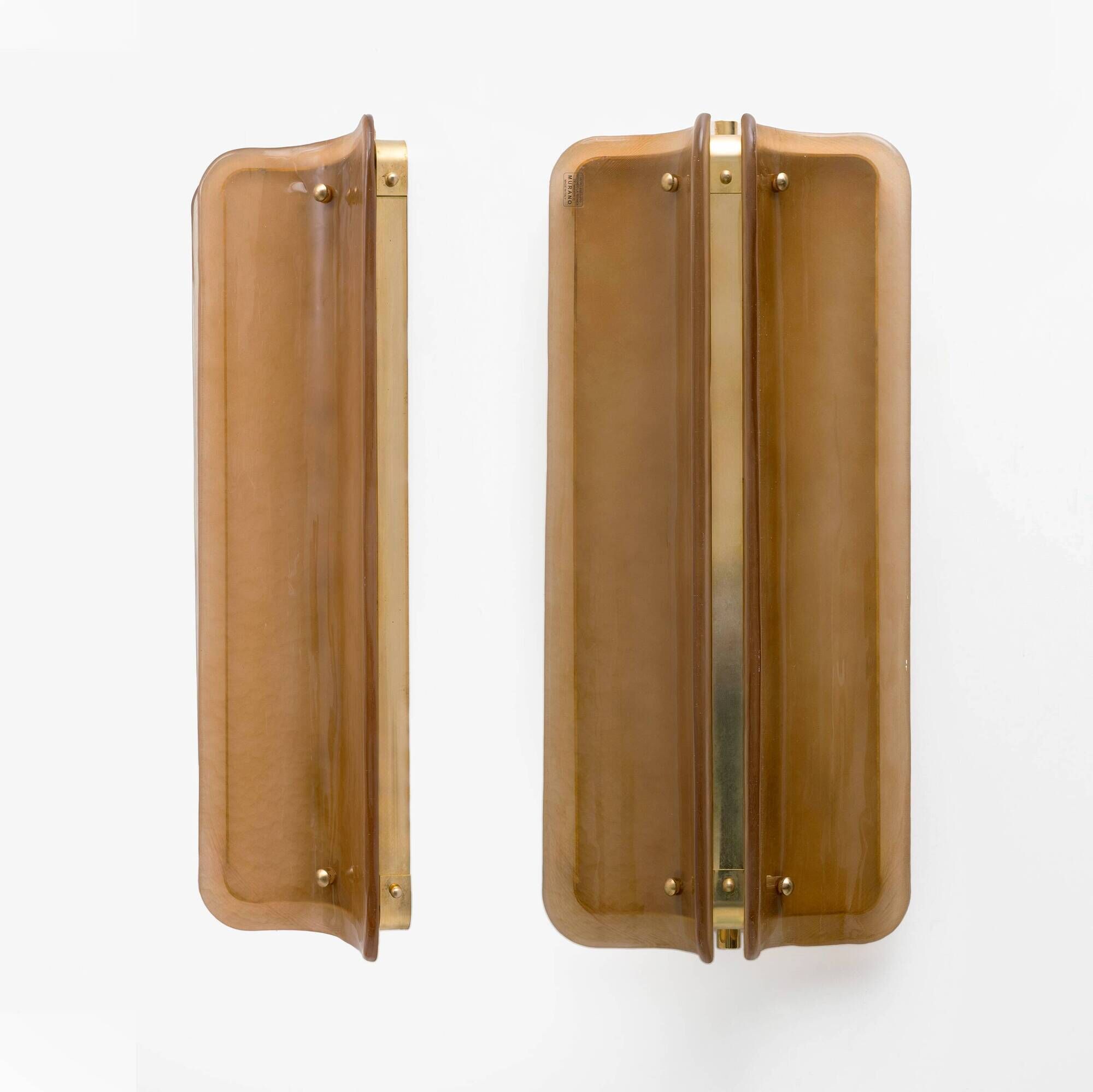 Pair of Big Curved Amber Murano Glass and Brass Wall Sconces