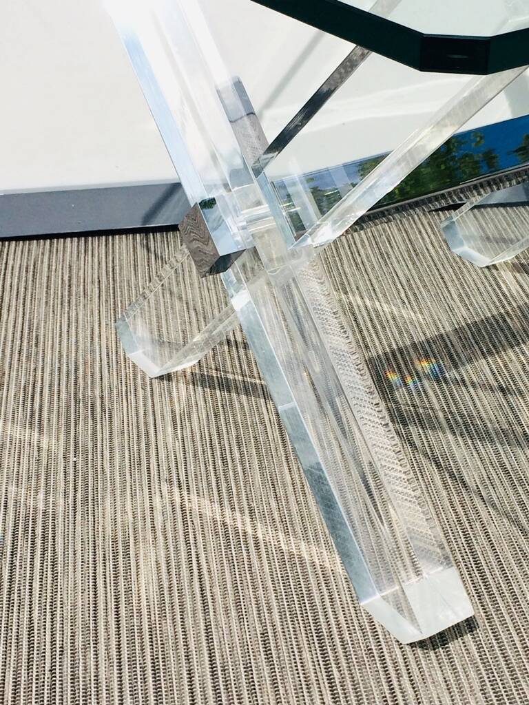 Square coffee table ' Trestles '. Plexi & glass. Vintage 80s