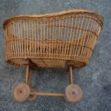 Pram/doll rattan crib, old 1950s toy