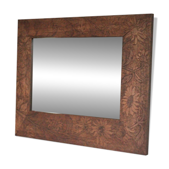Large wooden mirror with floral pattern, wall mirror, wall glass.