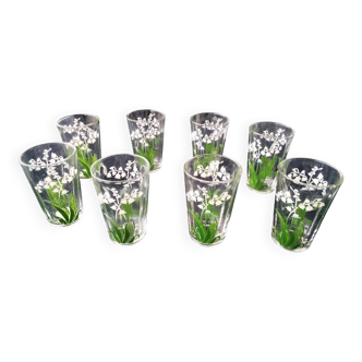 8 Old small glasses goblets Screen-printed decor