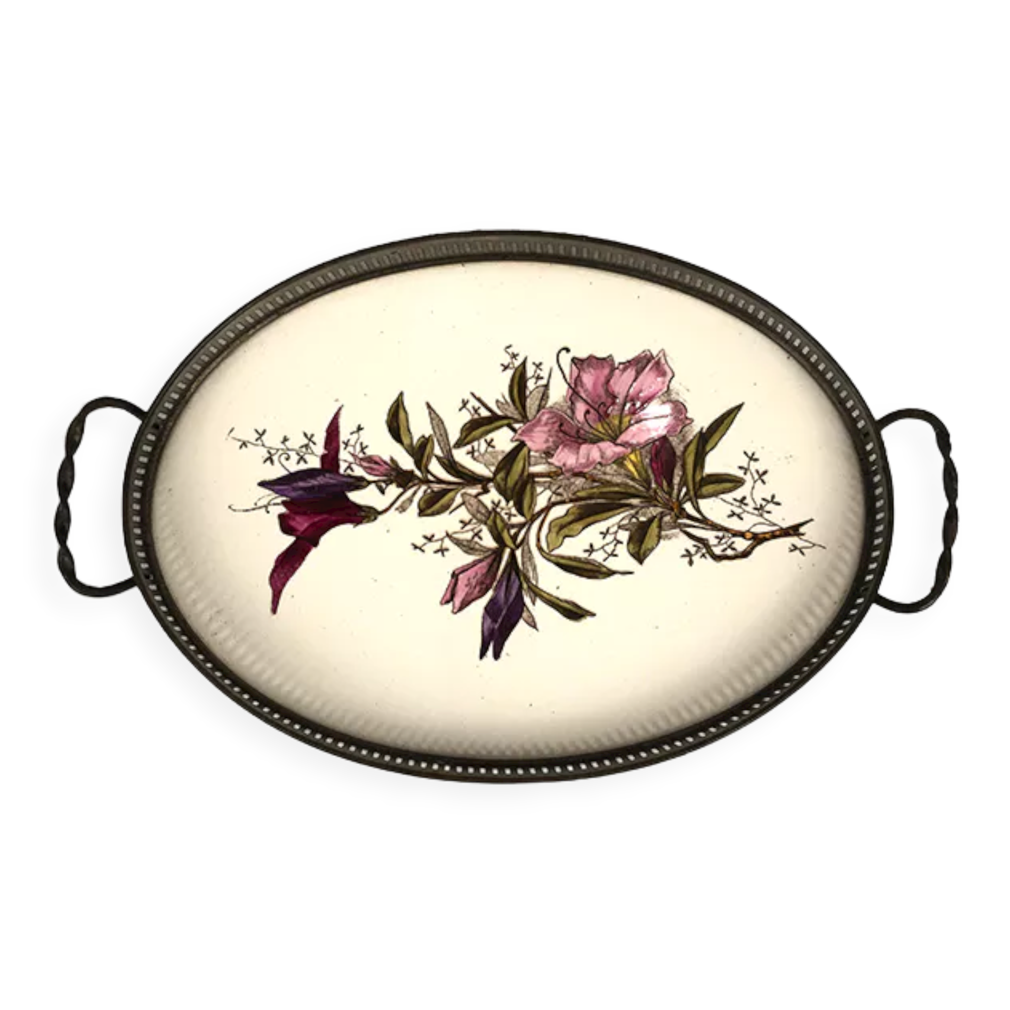 Porcelain tray decorated with flowers, openwork metal gallery