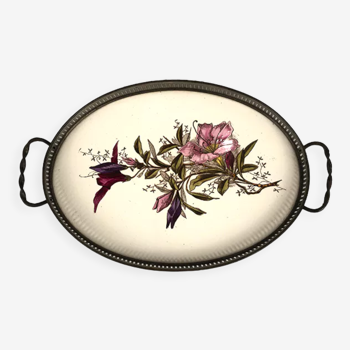 Porcelain tray decorated with flowers, openwork metal gallery