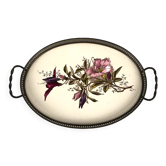 Plateau en porcelaine à décor de fleurs, galerie de métal ajourée