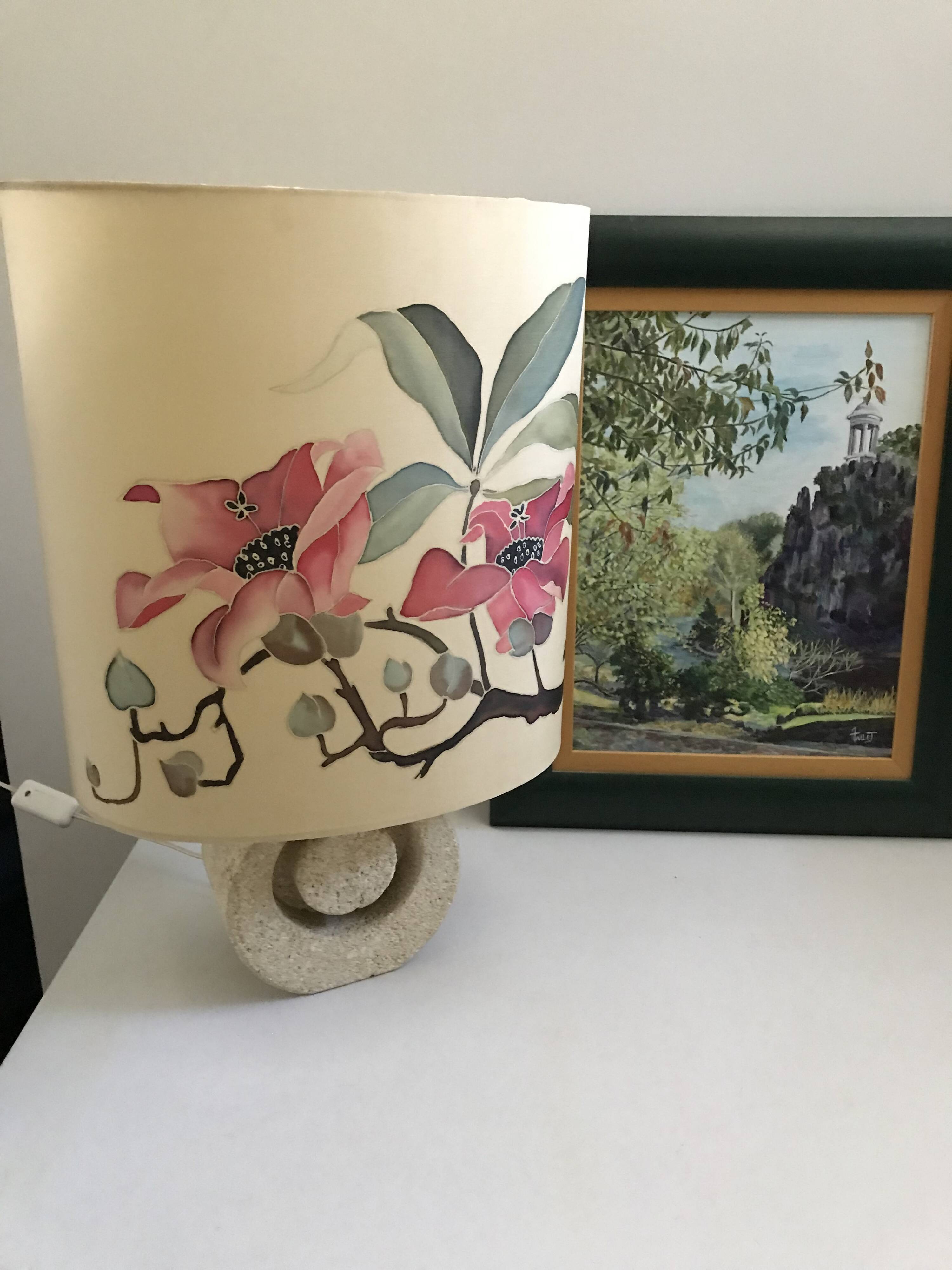 Vintage 70s-80s Lamp - Sculpted Stone Base & Painted Silk Shade