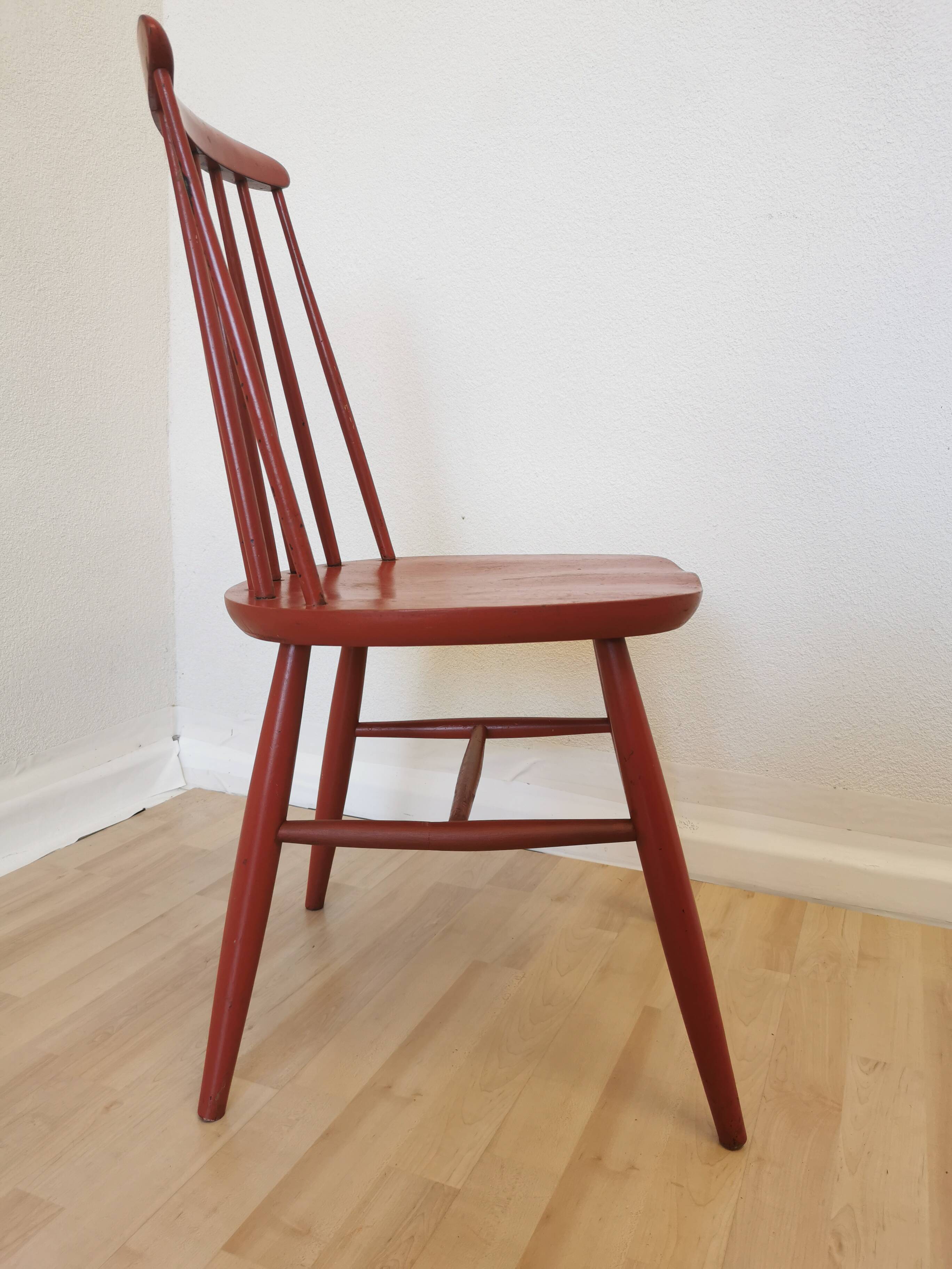 Vintage Coral Red Dining Chair: Ilmari Tapiovaara Style, Stol Kamnik 1960s