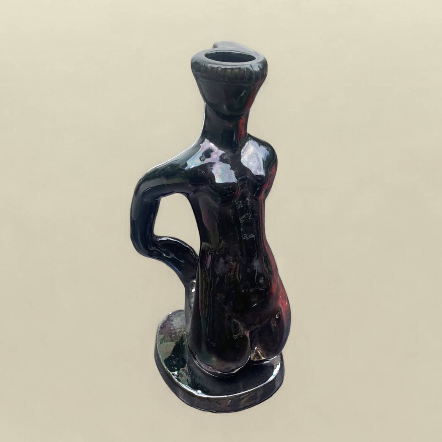 Old Vallauris soliflore vase in pearly black ceramic - female body