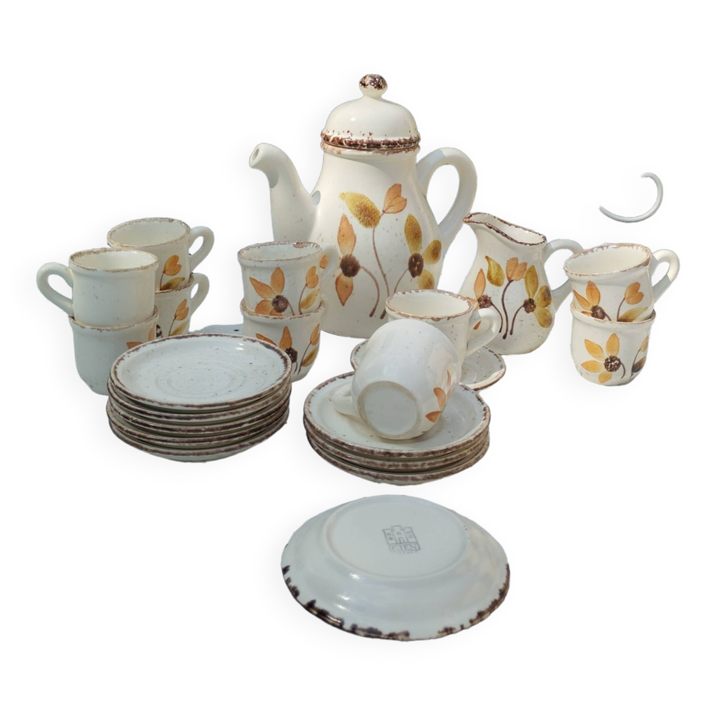 SERVICE A CAFE Vintage 1970 En Gres Pyrite 6 Tasses + 1 Pot A Lait