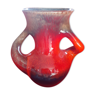 Vase en céramique vernisé rouge, marron, noir