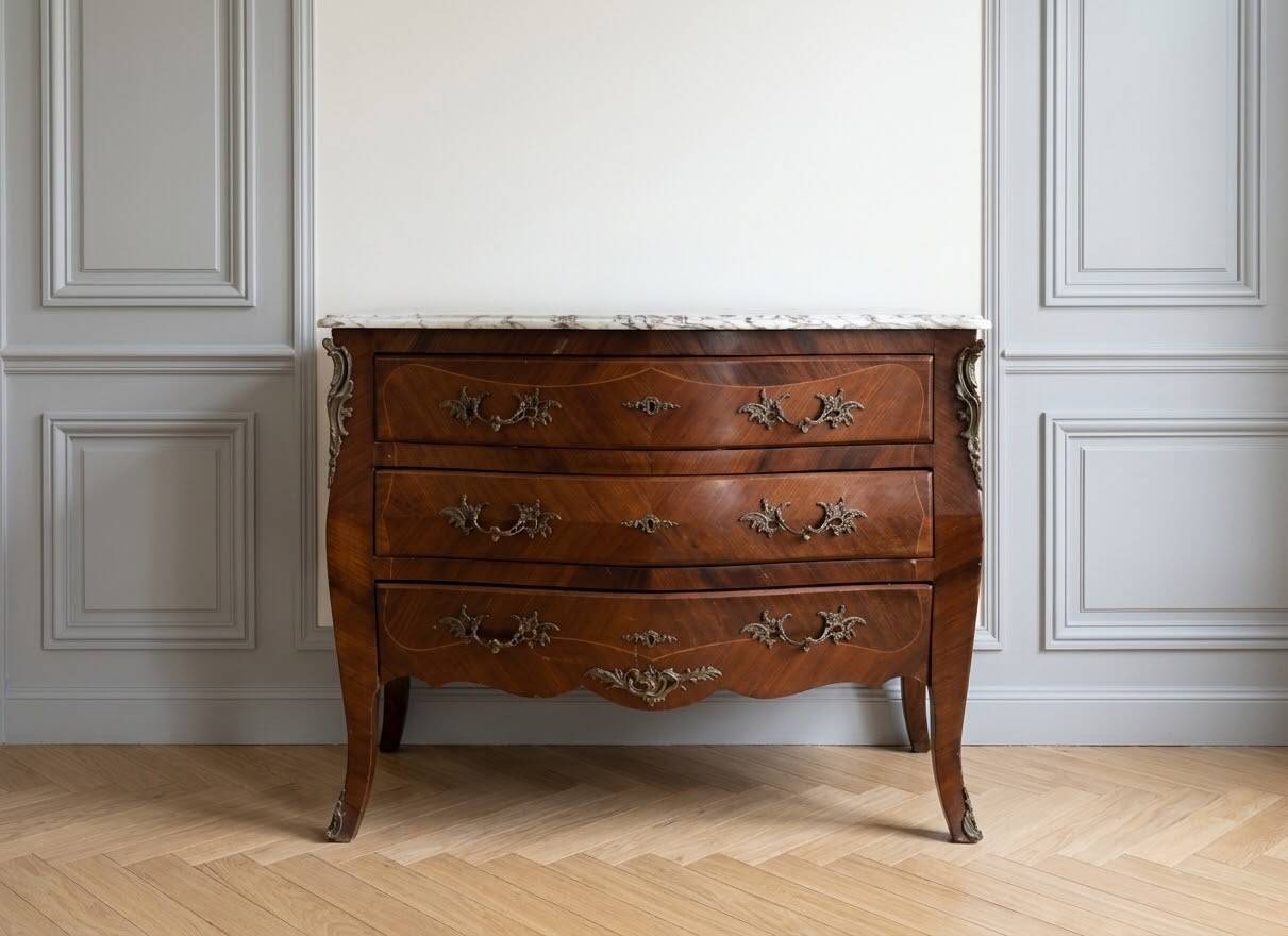 Curved Regency-style commode in mahogany marquetry.