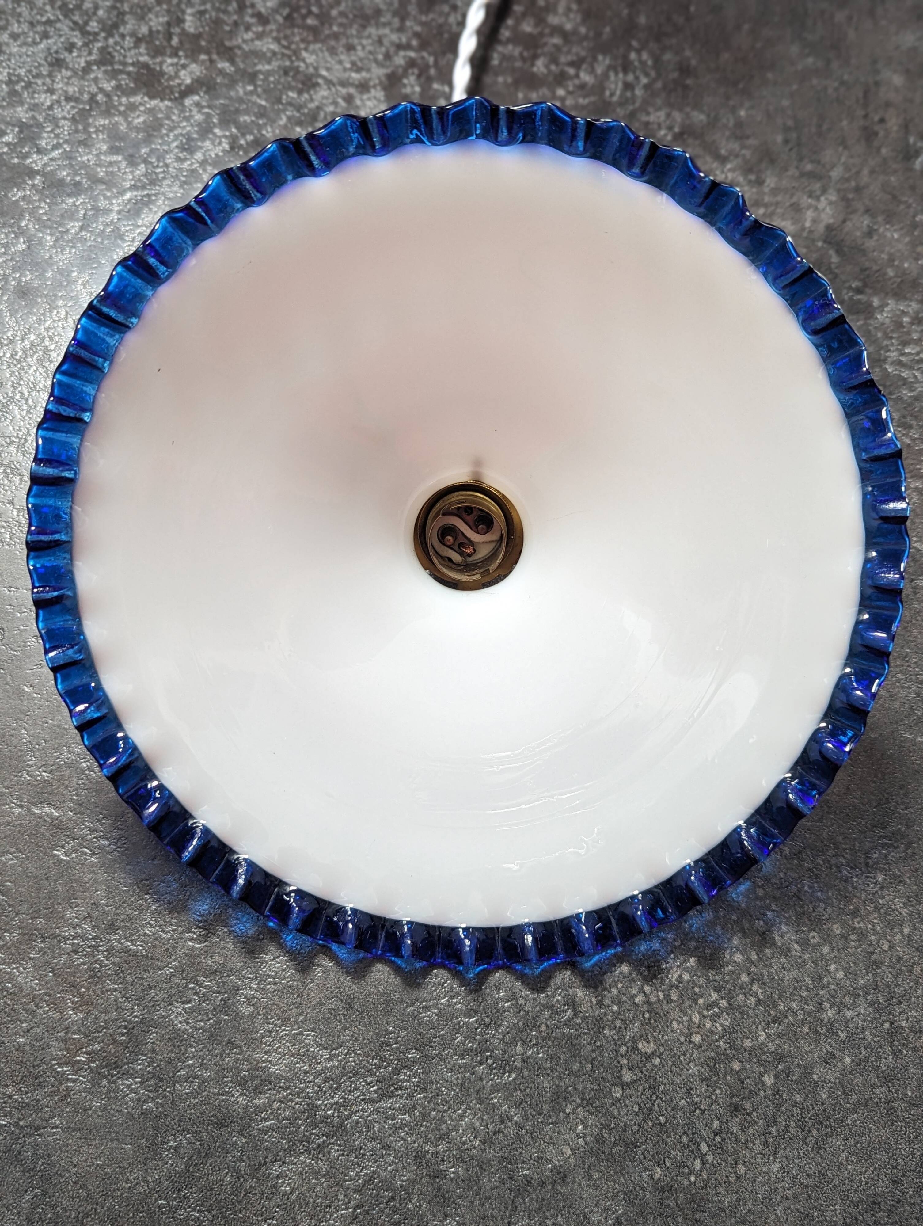 Hanging lampshade opaline serrated white/petrol blue art deco Ø24