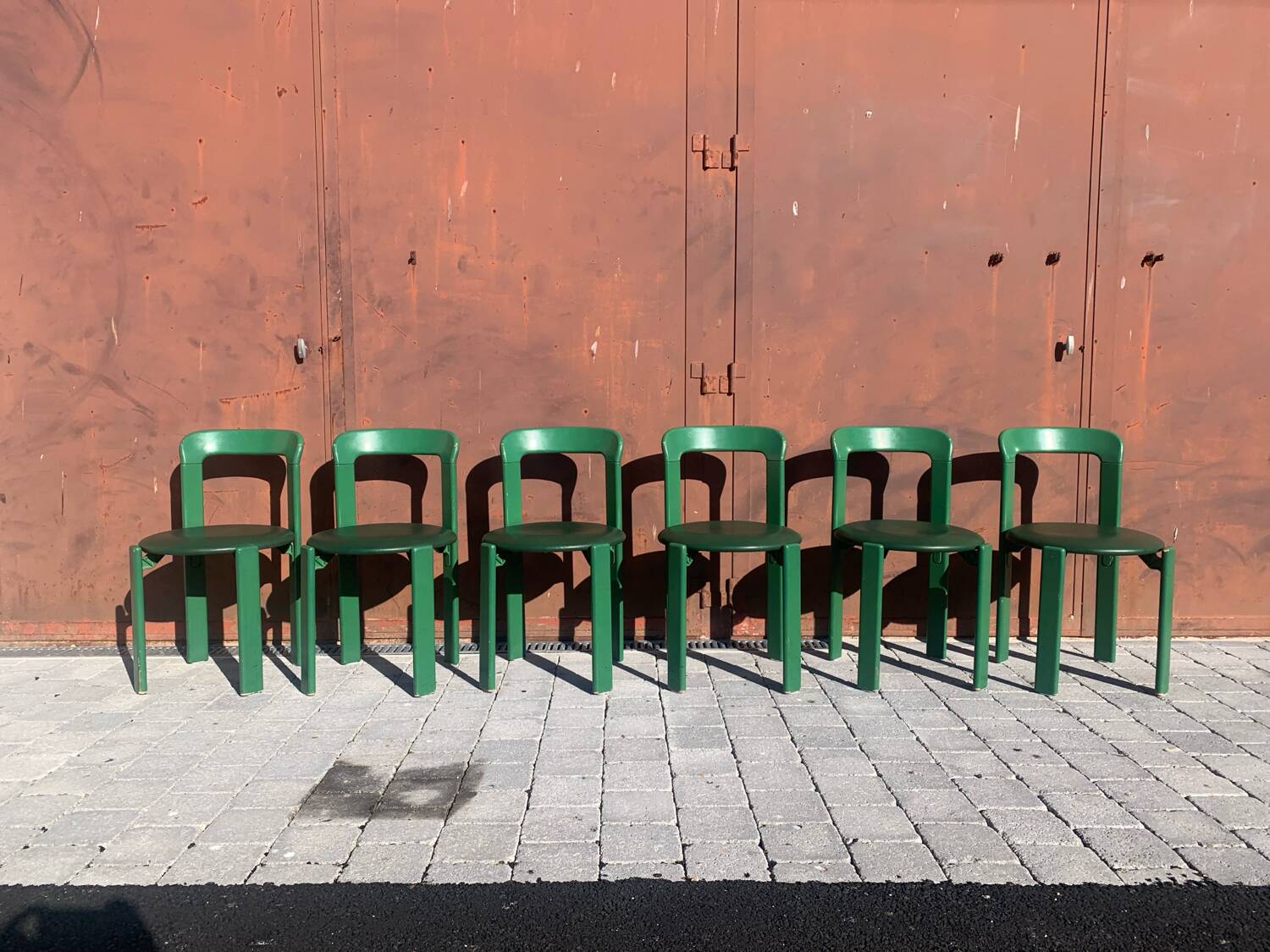 6 Bruno Rey Kush & co Green Stackable Chairs Circa 1970