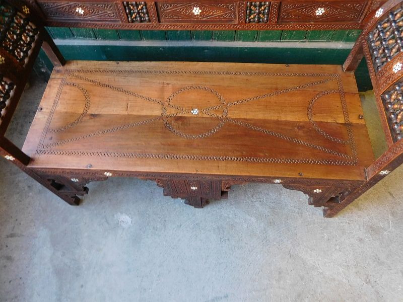 Old syrian wooden bench and mother-of-pearl inlay