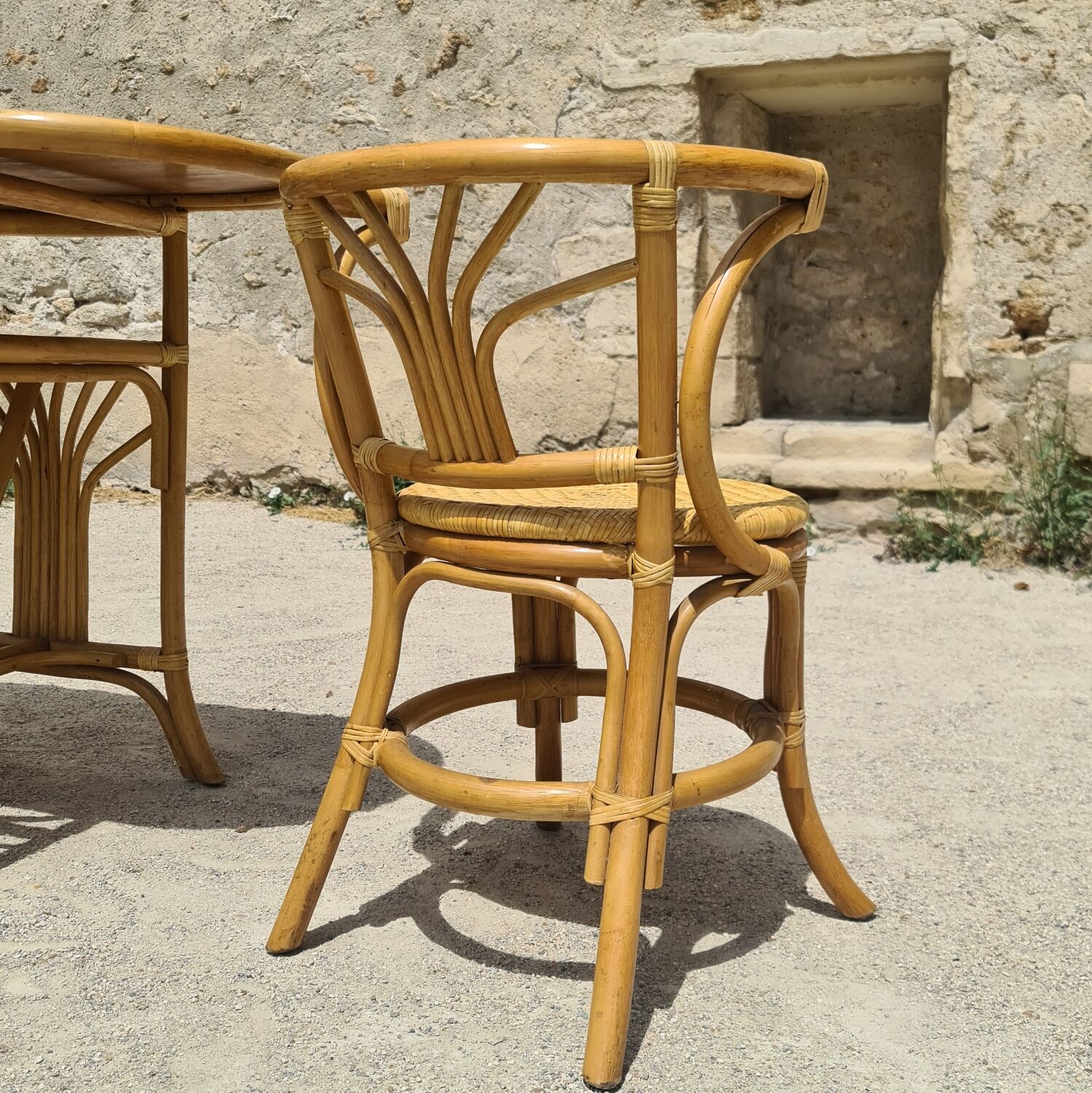 Table and chairs bistrot head to head rattan bamboo 1970