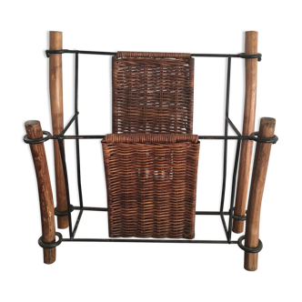 Rattan magazine holder, wood and iron