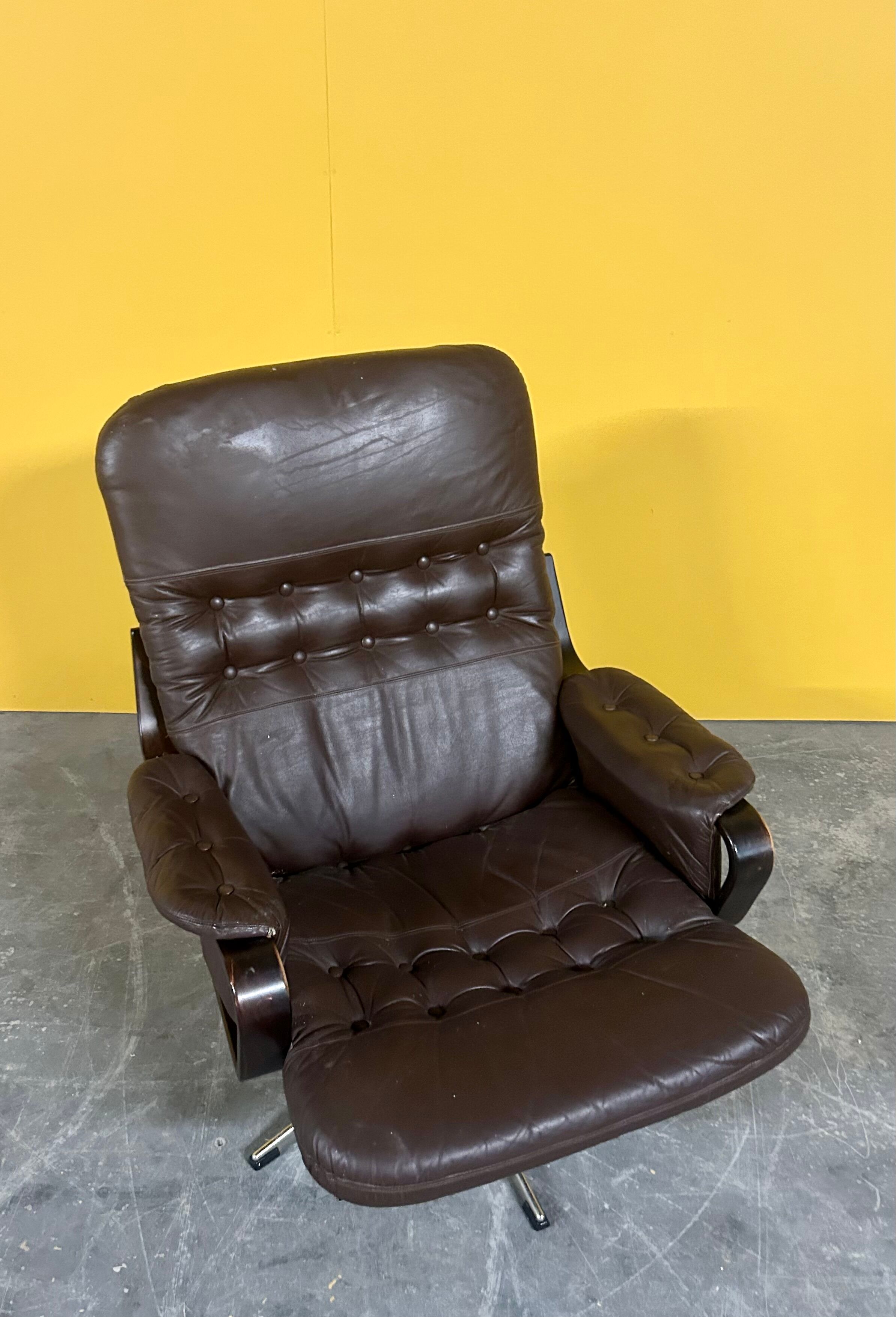 Scandinavian brown leather  swivel chair 1960s