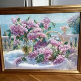 Framed signed painting Oil on canvas “The lilacs” dimension: height -55cm- width -70cm-