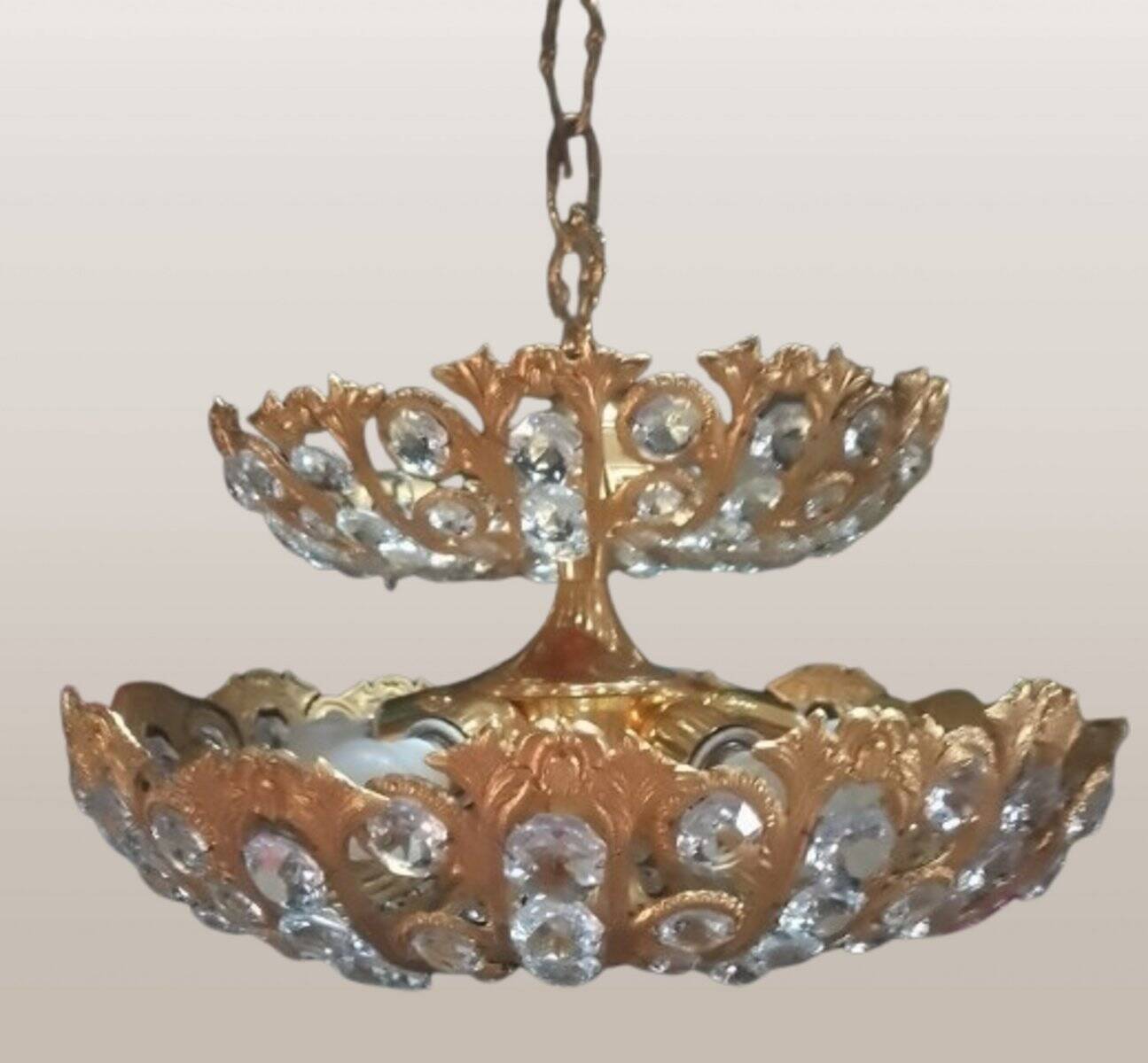 Hollywood Regency brass and crystal chandelier by Peris Andreu, 1970s.