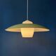Danish mid-century suspension with opaline glass shade and yellow metal cover.