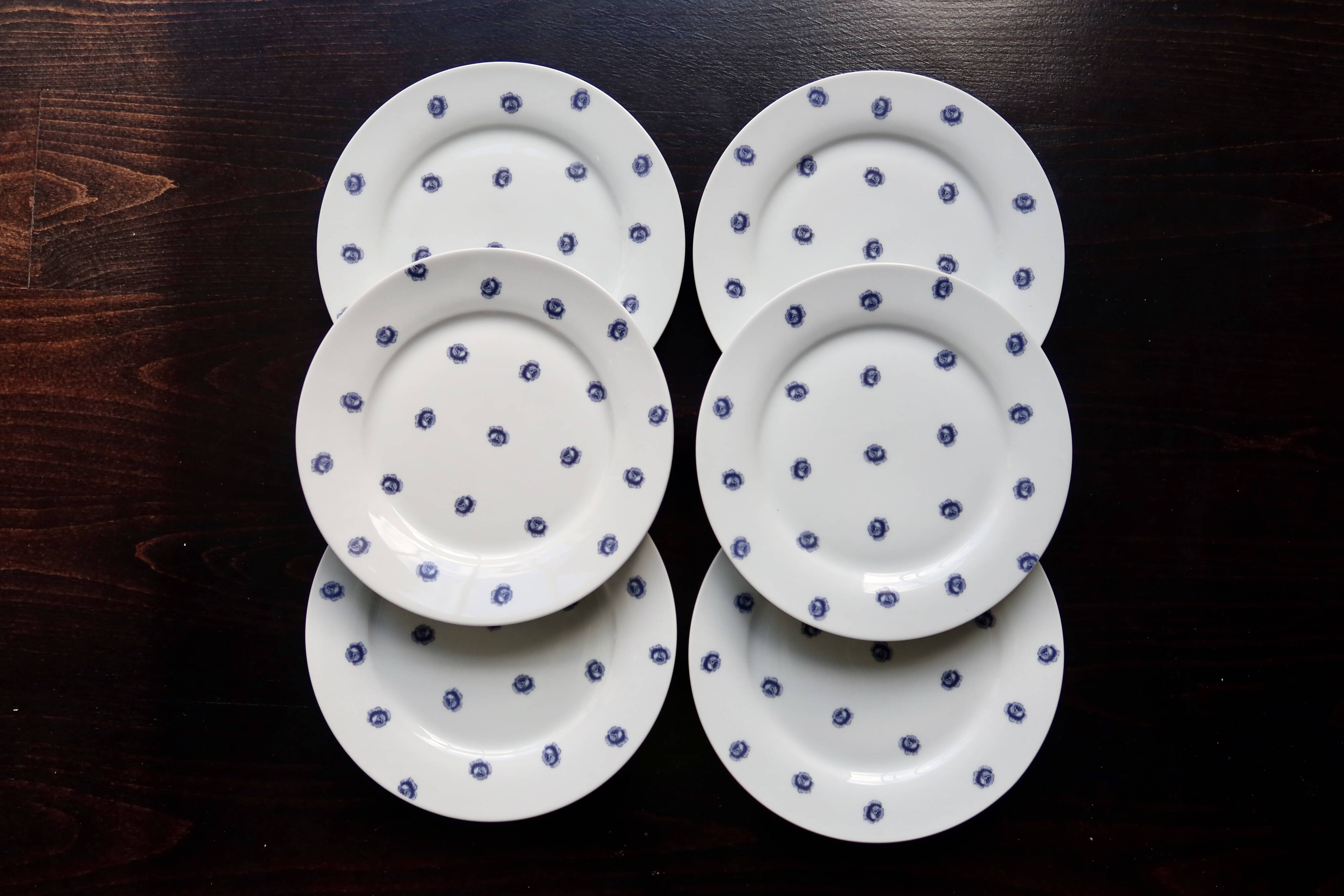 6 vintage white porcelain dinner plates with blue roses