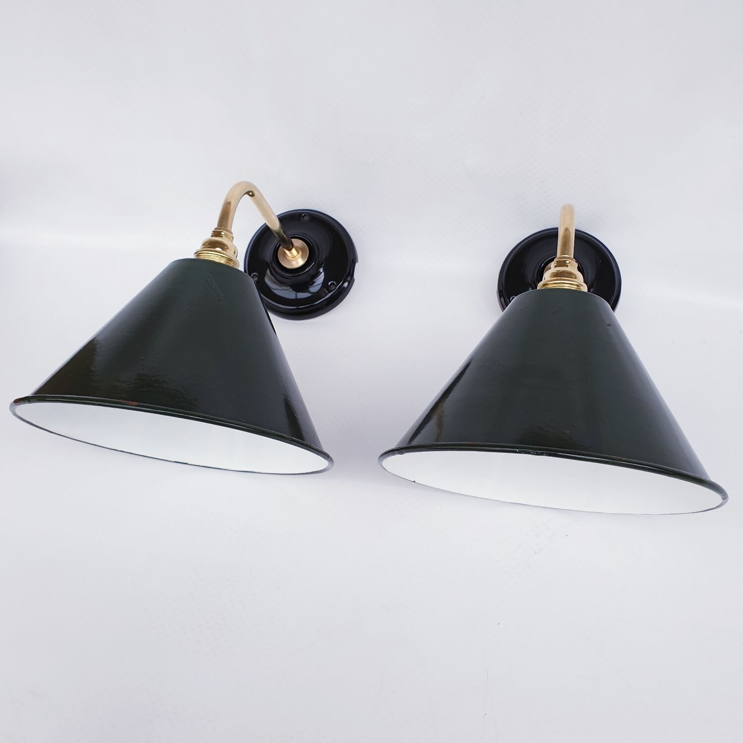 Pair of antique enamelled sheet metal wall lights