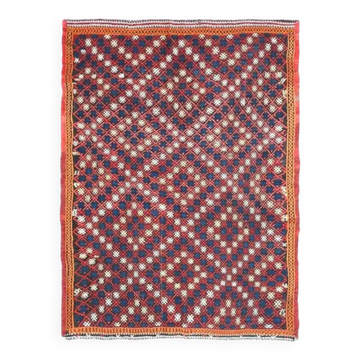 Tapis couloir vintage turc Oushak fait main en laine et coton rouge 161x214 des années 1970
